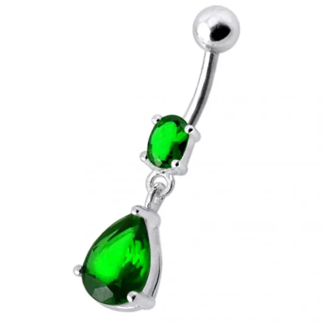 Stainless Steel Green CZ Teardrop Dangle Belly Bar