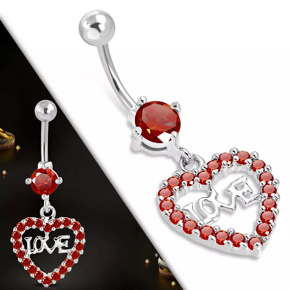 Stainless Steel CZ Red Love Heart Navel Belly Bar