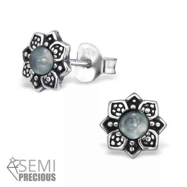 Sterling Silver Flower Aqua Dyed Chalcedony Stud Earrings - Melchior Jewellery