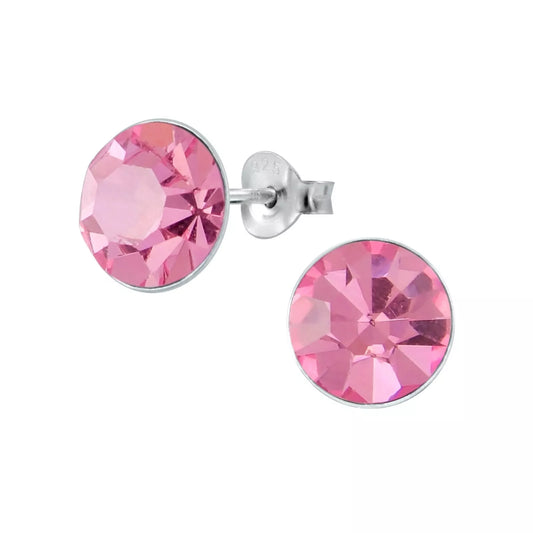 Sterling Silver 9mm Round Pink Crystal Stud Earrings - Melchior Jewellery