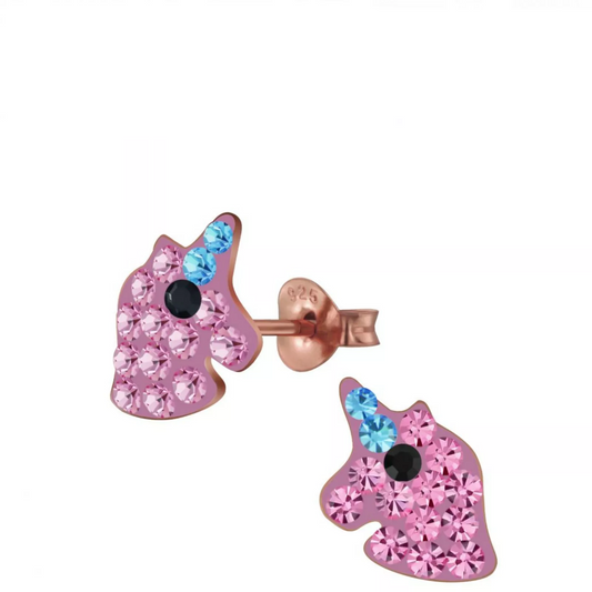 Children's Sterling Silver Pink Crystal Unicorn Stud Earrings - Melchior Jewellery