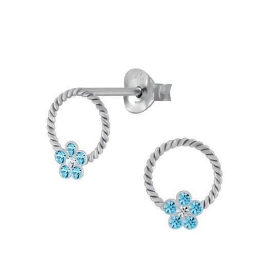 Childrens Sterling Silver Flower Aqua Crystal Stud Earrings - Melchior Jewellery