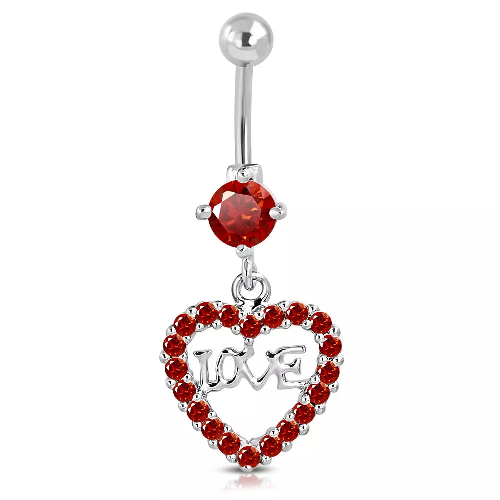 Stainless Steel CZ Red Love Heart Navel Belly Bar