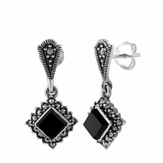 Sterling Silver Black Onyx Marcasite Drop Earrings - Melchior Jewellery