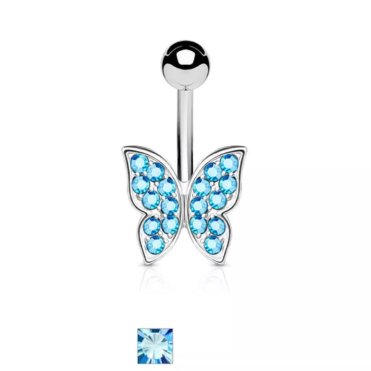 Stainless Steel Blue Butterfly CZ Piercing Belly Bar - Melchior Jewellery