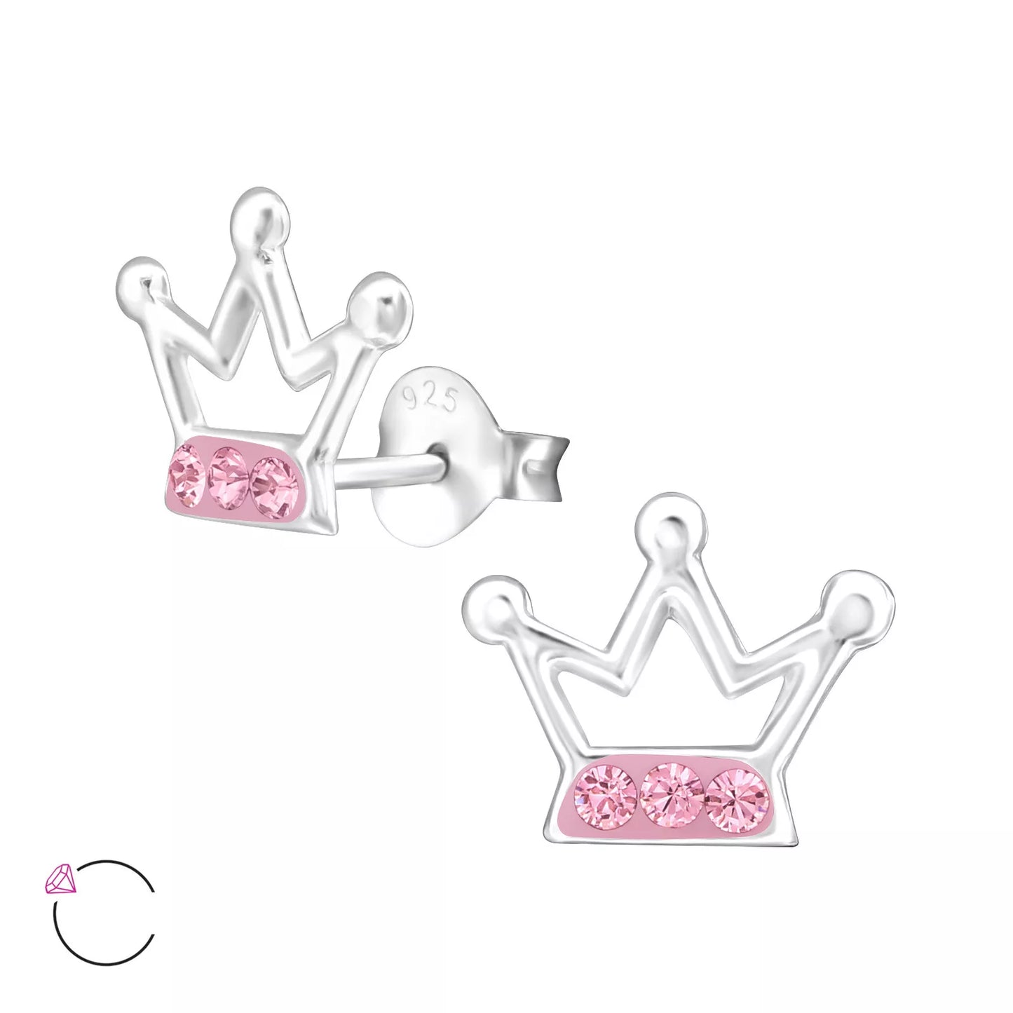 Childrens Sterling Silver Pink Crystal Crown Stud Earrings - Melchior Jewellery