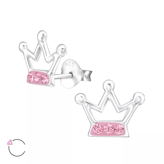 Childrens Sterling Silver Pink Crystal Crown Stud Earrings - Melchior Jewellery