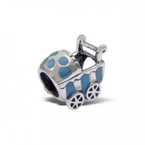 Sterling Silver Baby Blue Pram Pushchair Charm Bead