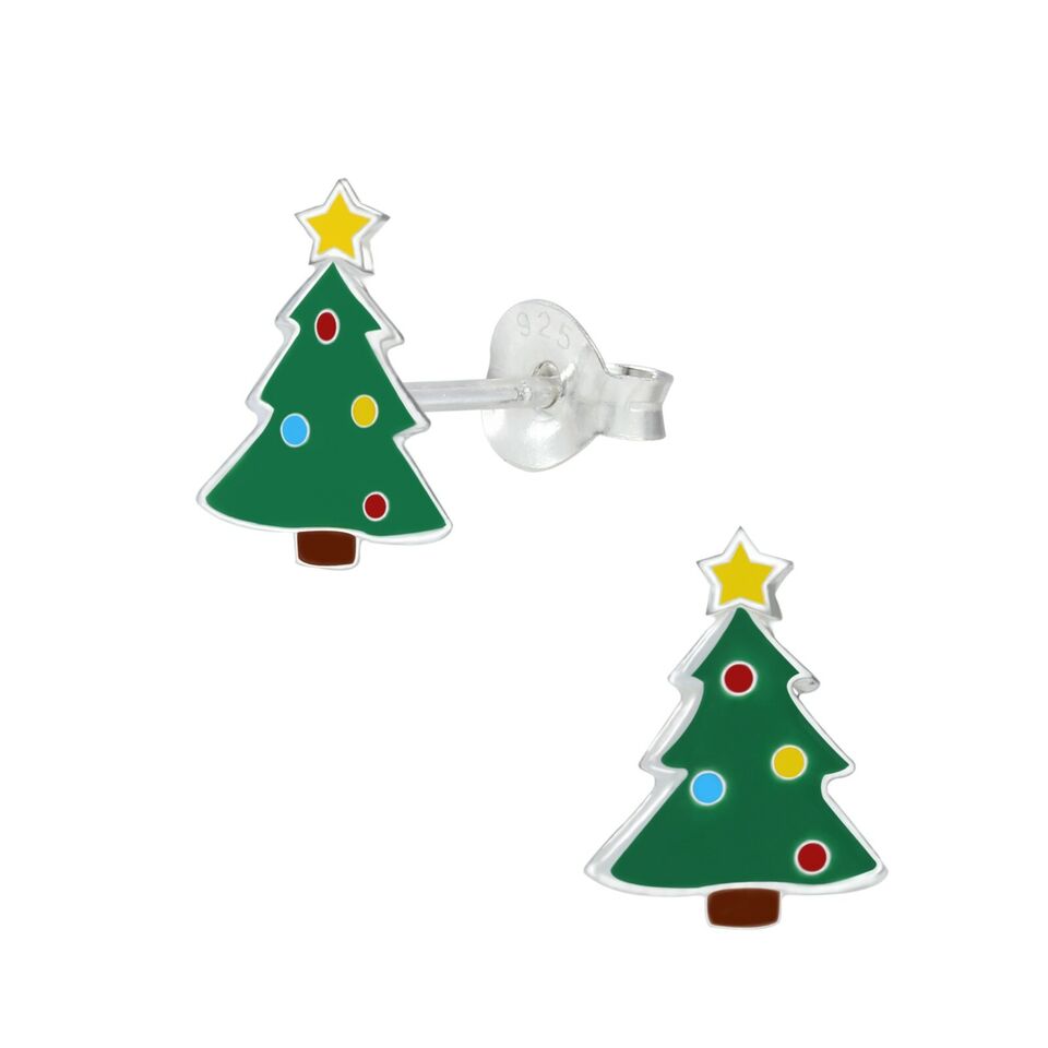 Children's Sterling Silver Christmas Tree Stud Earrings