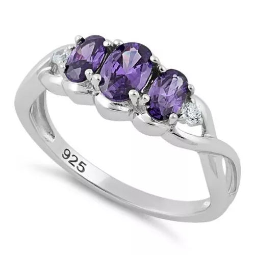 Sterling Silver Triple Oval Amethyst CZ Ring Size L - Melchior Jewellery