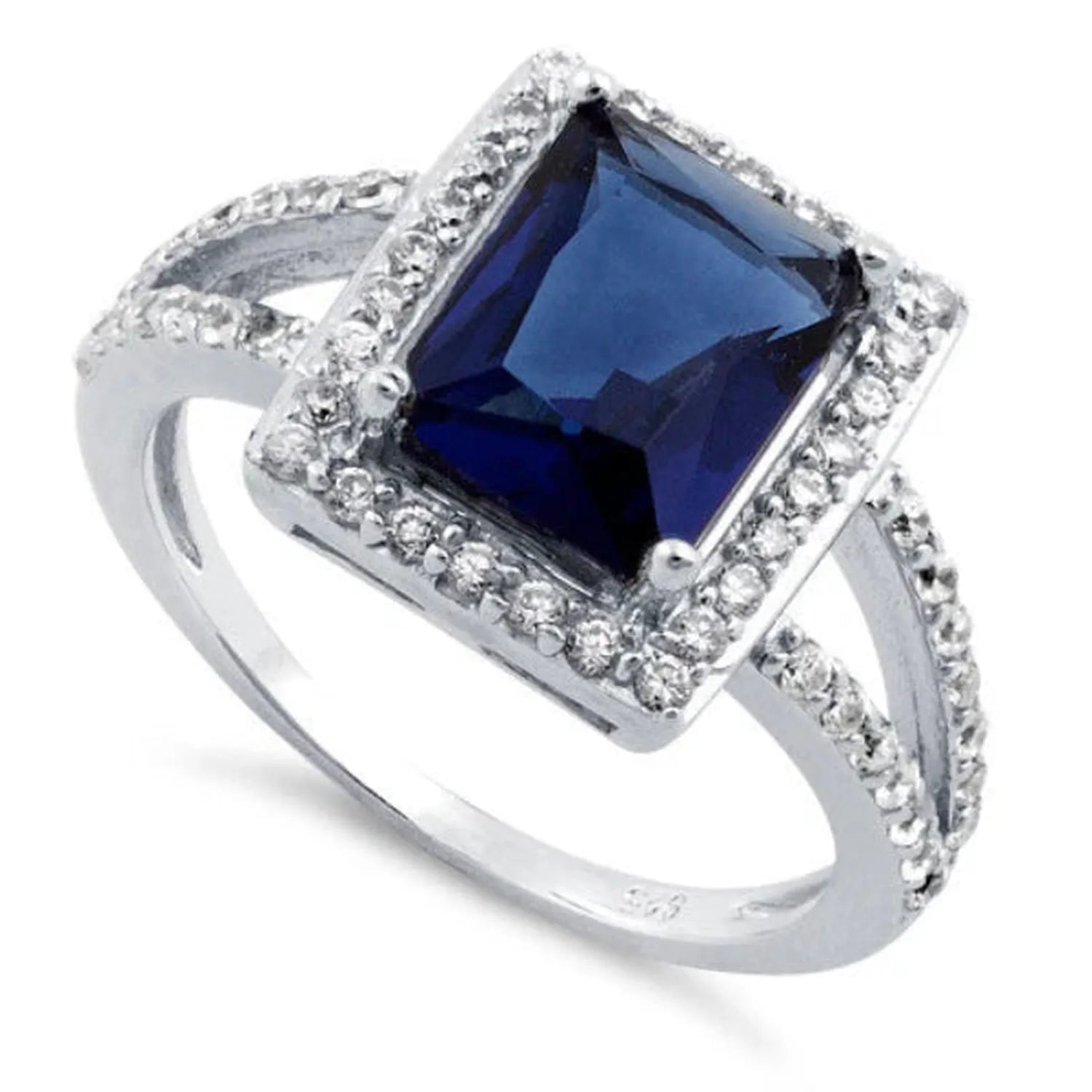 Sterling silver blue sapphire ring with square-cut sapphire and surrounding small clear stones
