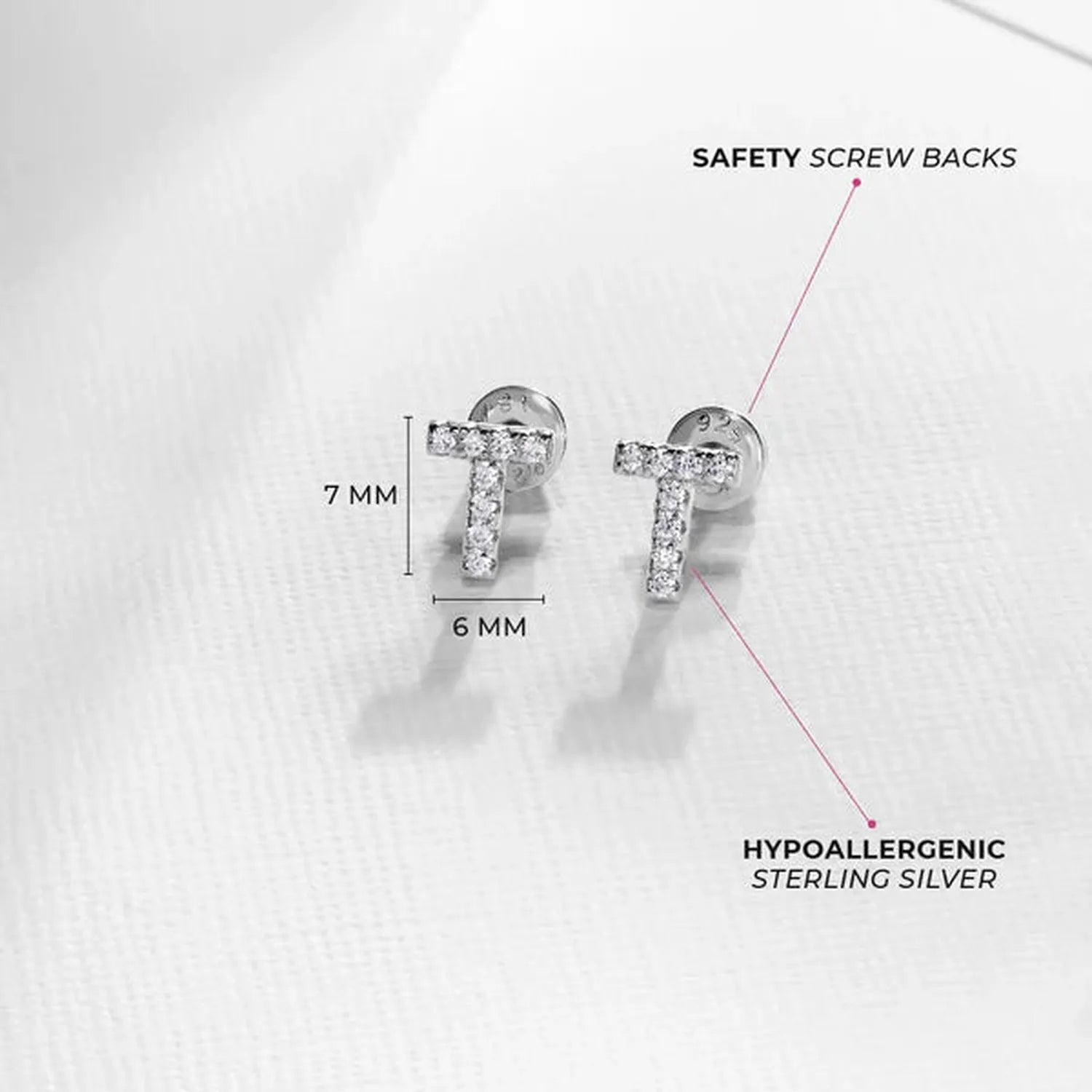 Sterling silver Letter Initial T Screw Back Earrings for children with hypoallergenic safety screw backs