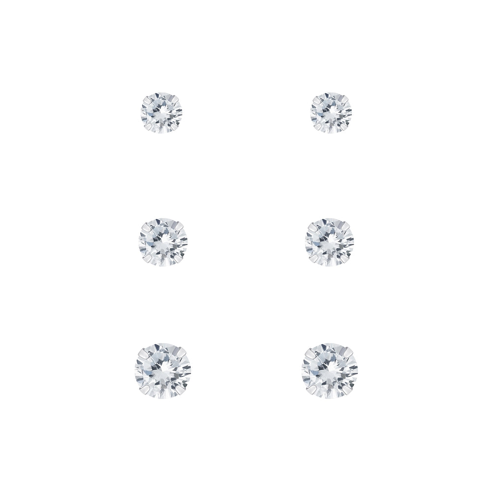 Sterling silver clear cubic zirconia 3 pack stud earrings set for elegant everyday wear