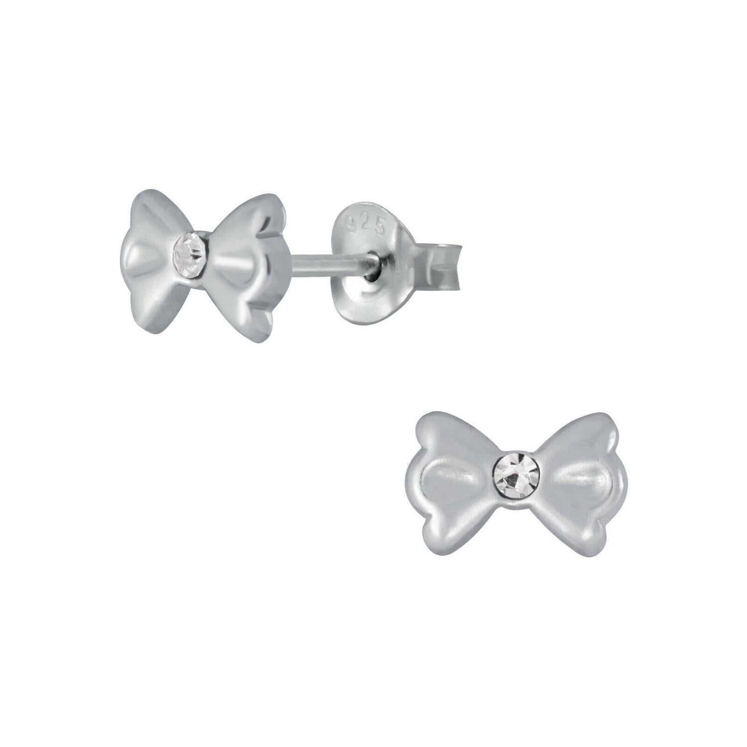 Silver CZ bow stud earrings for children by Melchior Jewellery with clear sparkling cubic zirconia centre