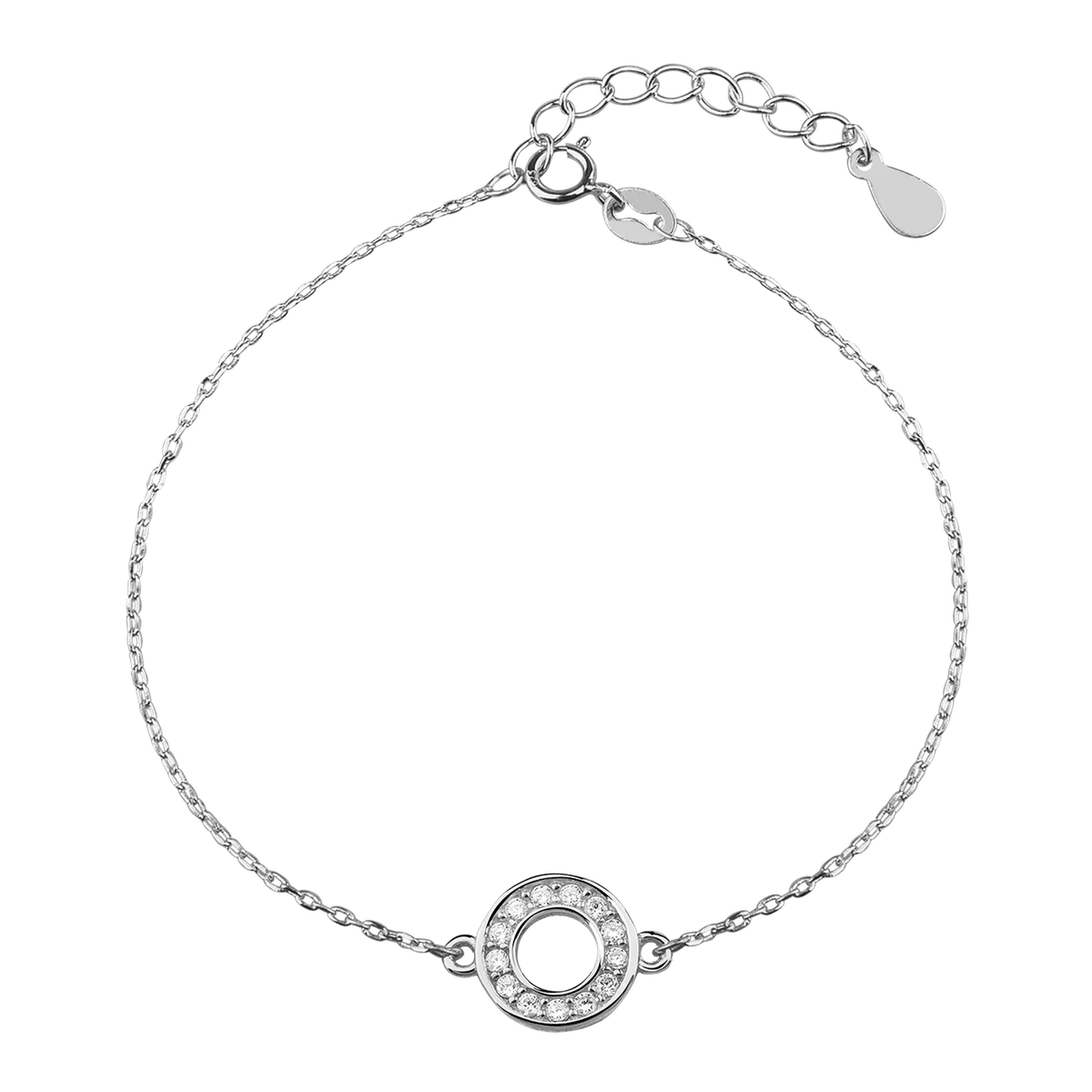 Melchior Jewellery womens circle bracelet in silver with a delicate chain and a circular charm adorned with small clear crystals