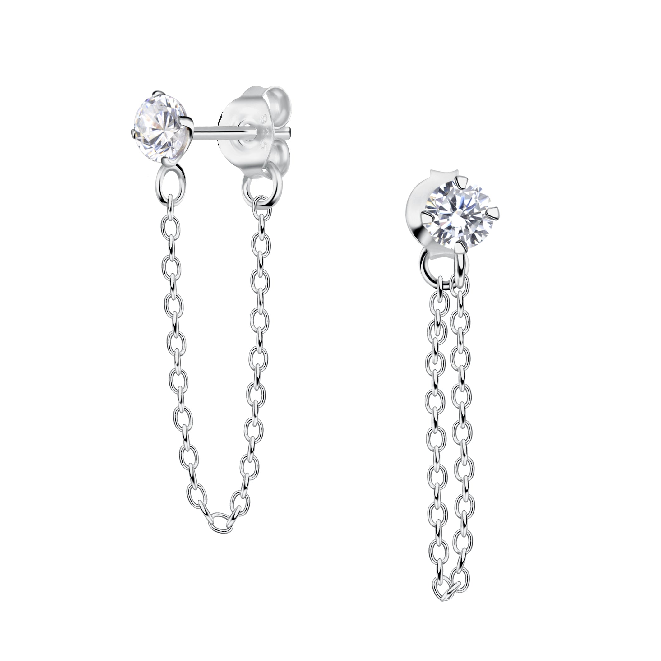 Sterling silver chain drop earrings with clear gemstone studs for women by Melchior Jewellery
