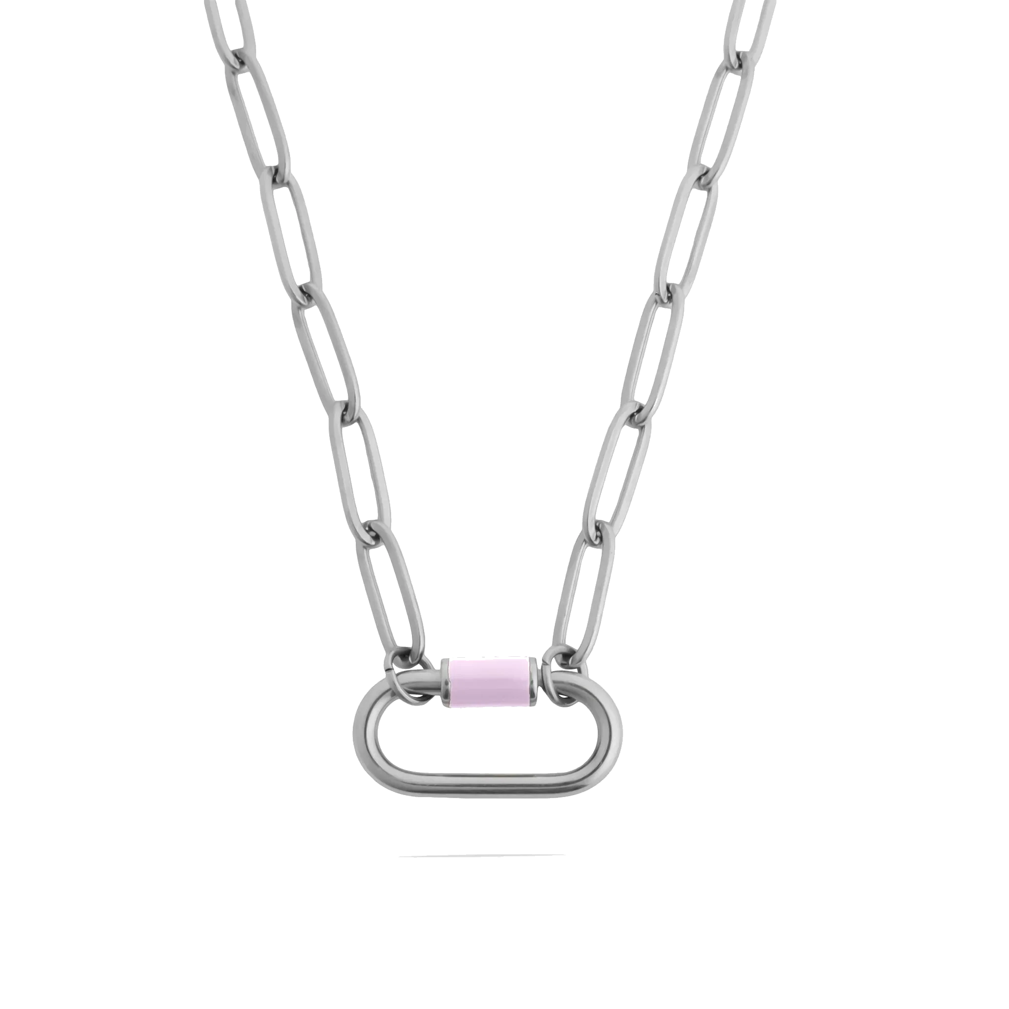 Silver stainless steel carabiner necklace with pink accent and elongated chain links by Melchior Jewellery