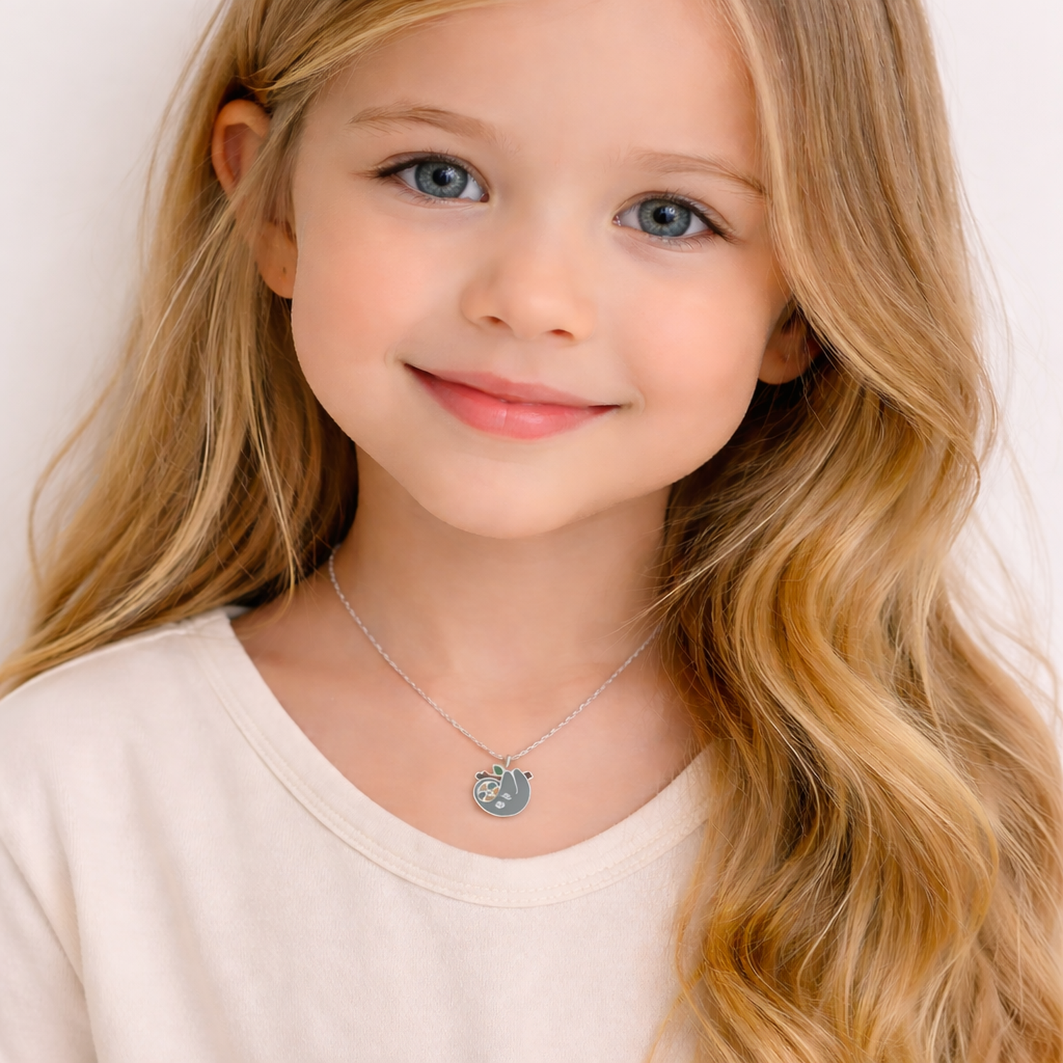 Young girl wearing a sterling silver sloth necklace for kids from Melchior Jewellery with long blonde hair