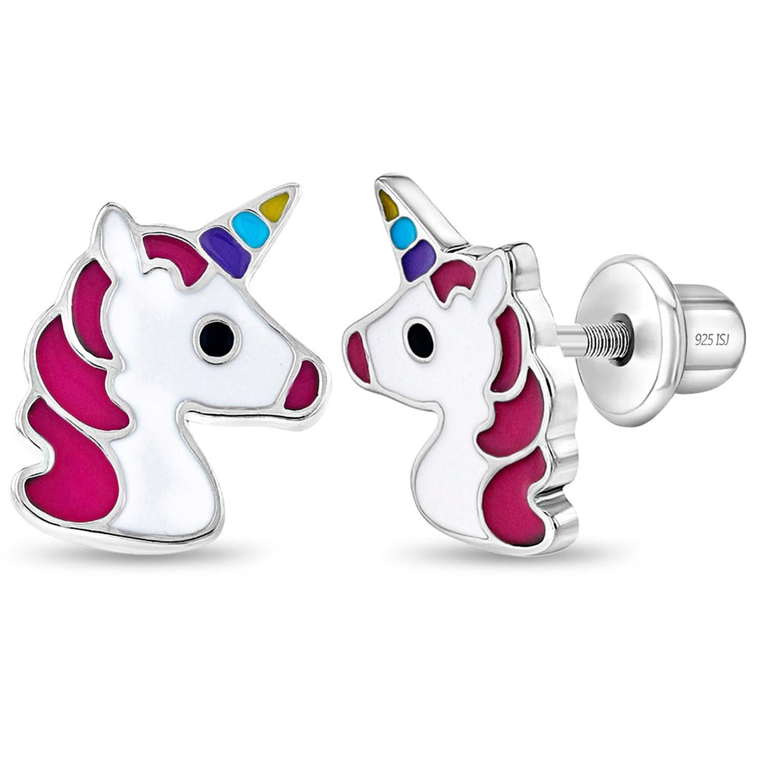 Sterling silver childrens unicorn earrings with colourful enamel detailing by In Season Jewellery