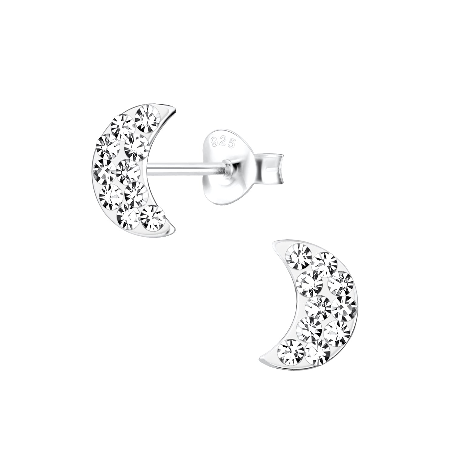 sterling silver girls moon stud earrings with clear crystal detailing by Melchior Jewellery