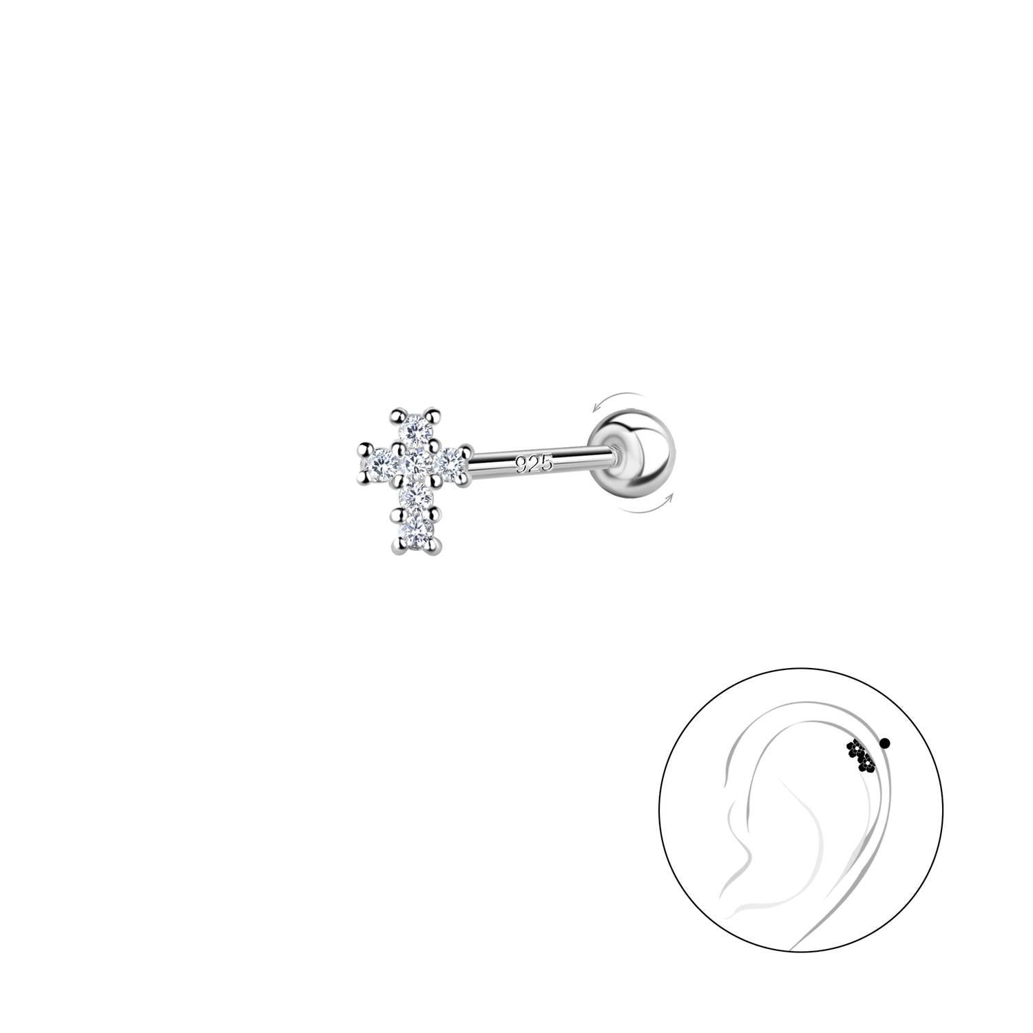 Sterling silver cross cartilage stud with clear stones for ear piercing by Melchior Jewellery