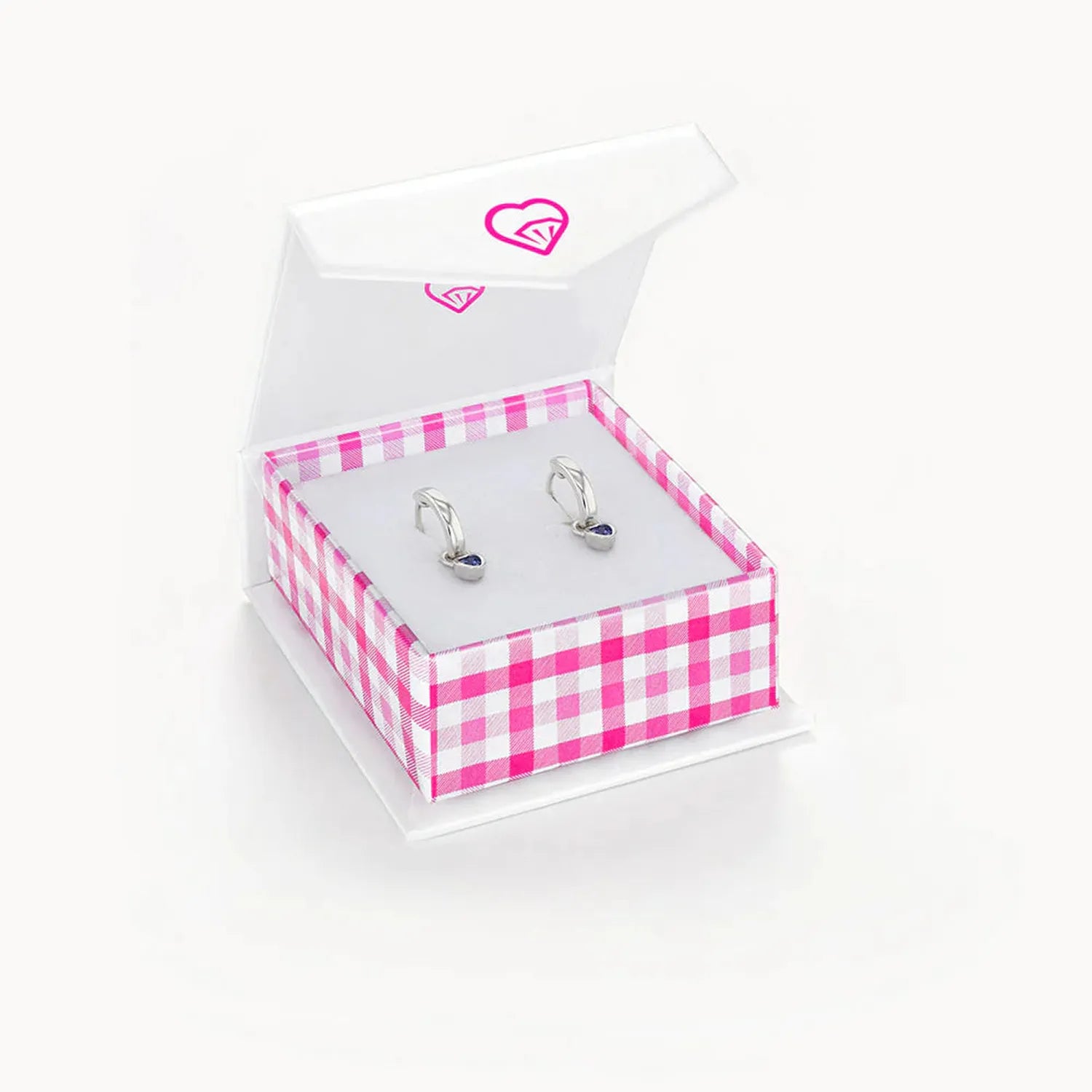 Silver CZ February Birthstone Heart Hoop Girls Earrings in silver displayed in pink checkered box