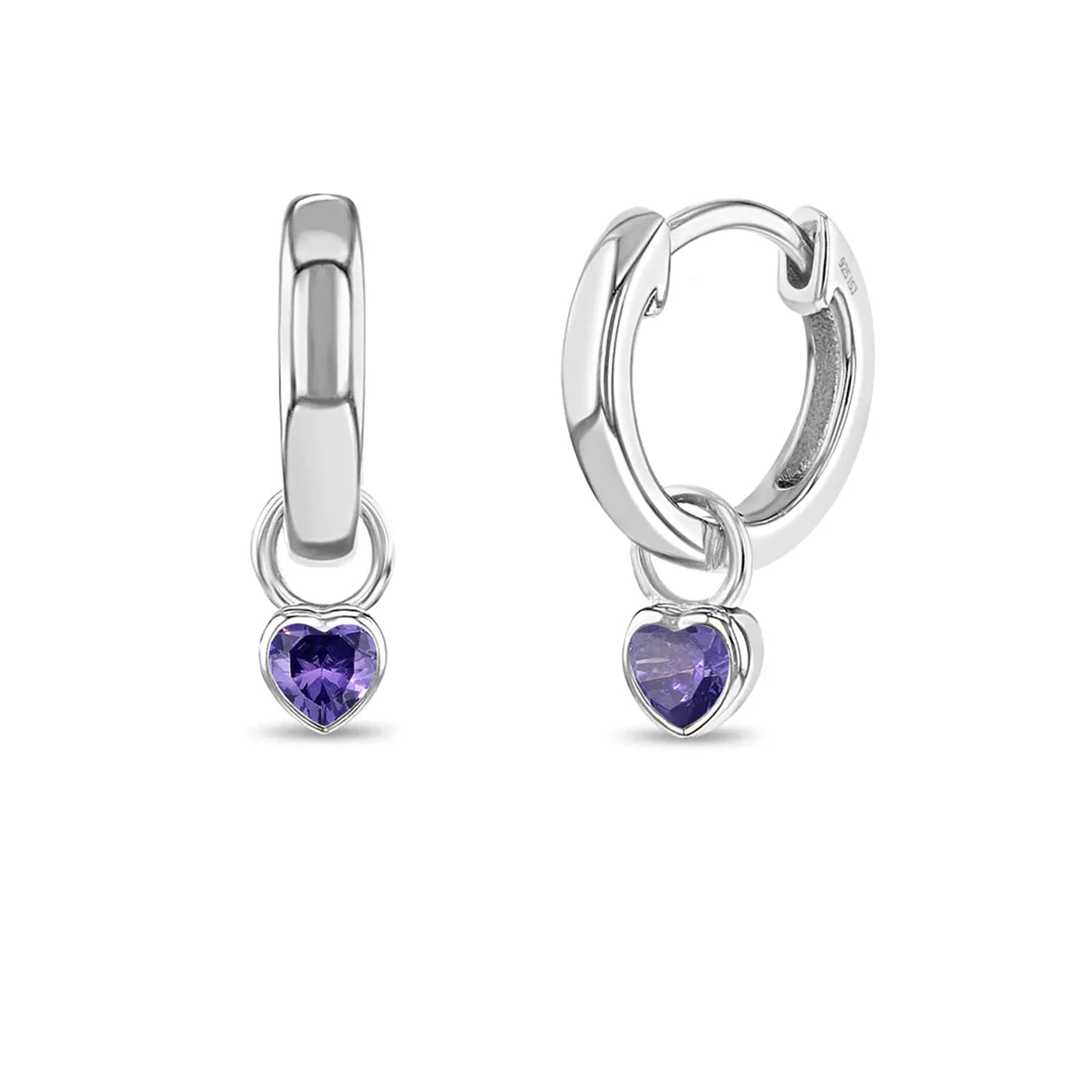 Silver CZ February Birthstone Heart Hoop Girls Earrings with purple heart-shaped stones