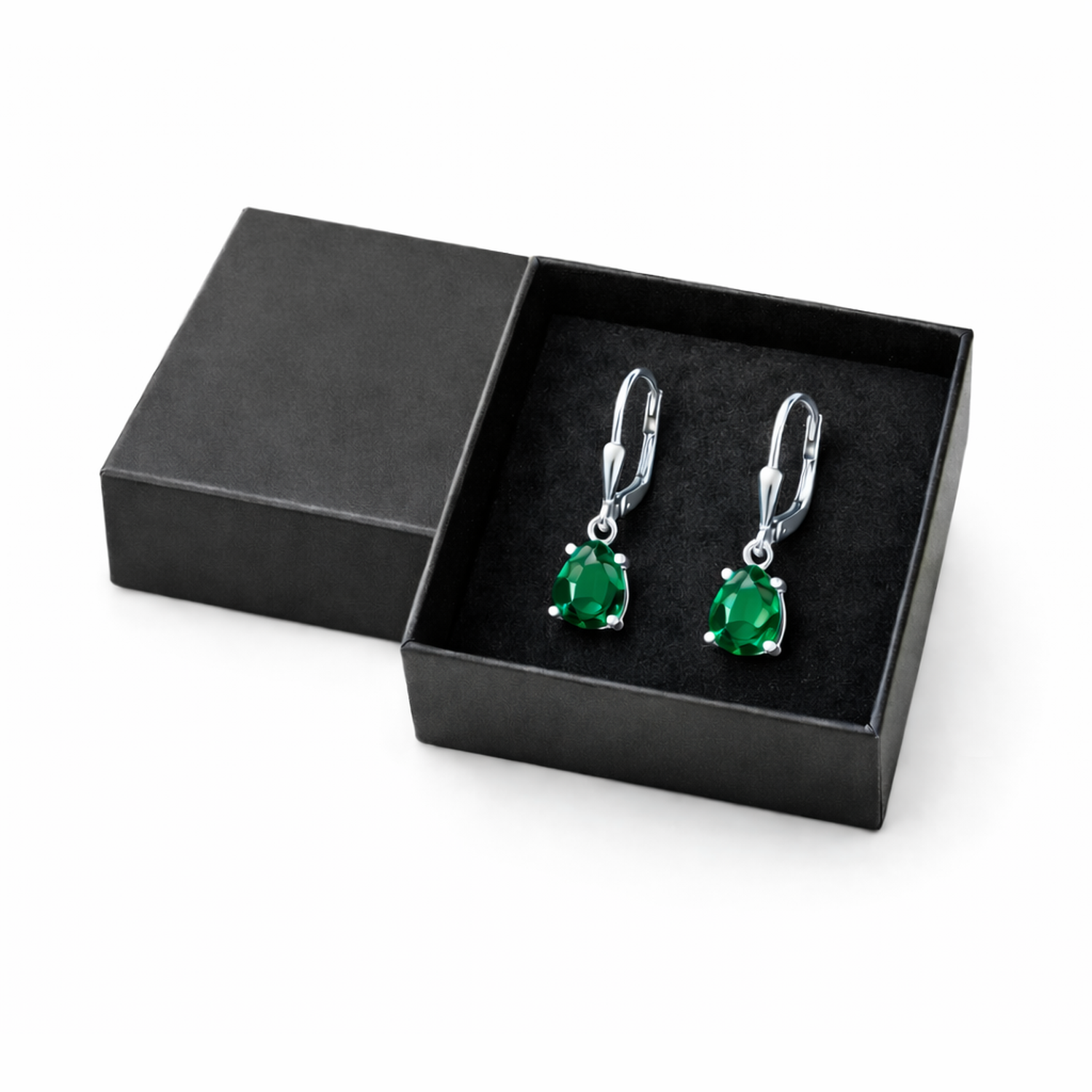Silver Emerald Bridal Teardrop Earrings by Melchior Jewellery in black gift box for women