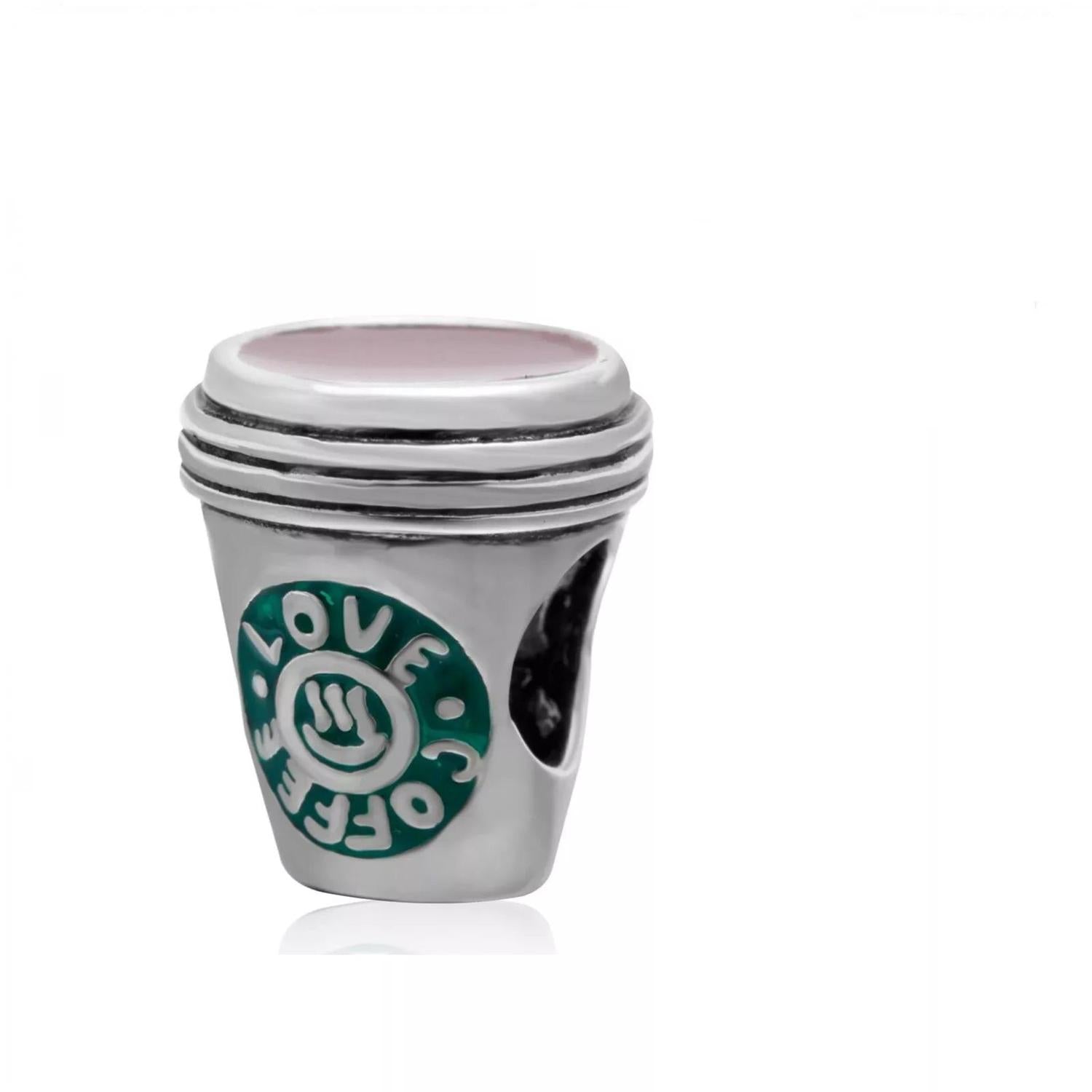 sterling silver Star Bucks Coffee Cup Charm Bead with green and white enamel detailing