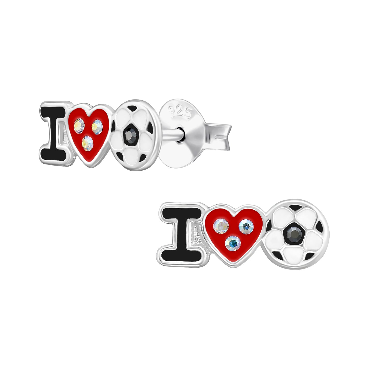 Melchior Jewellery silver football jewellery for kids featuring I love football stud earrings with red heart and crystal details