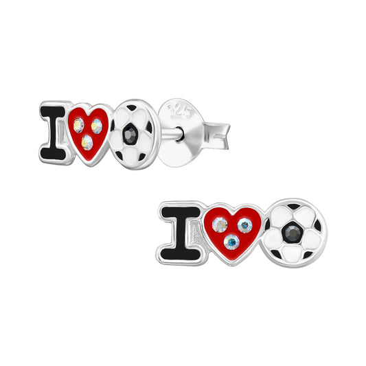 Melchior Jewellery silver football jewellery for kids featuring I love football stud earrings with red heart and crystal details