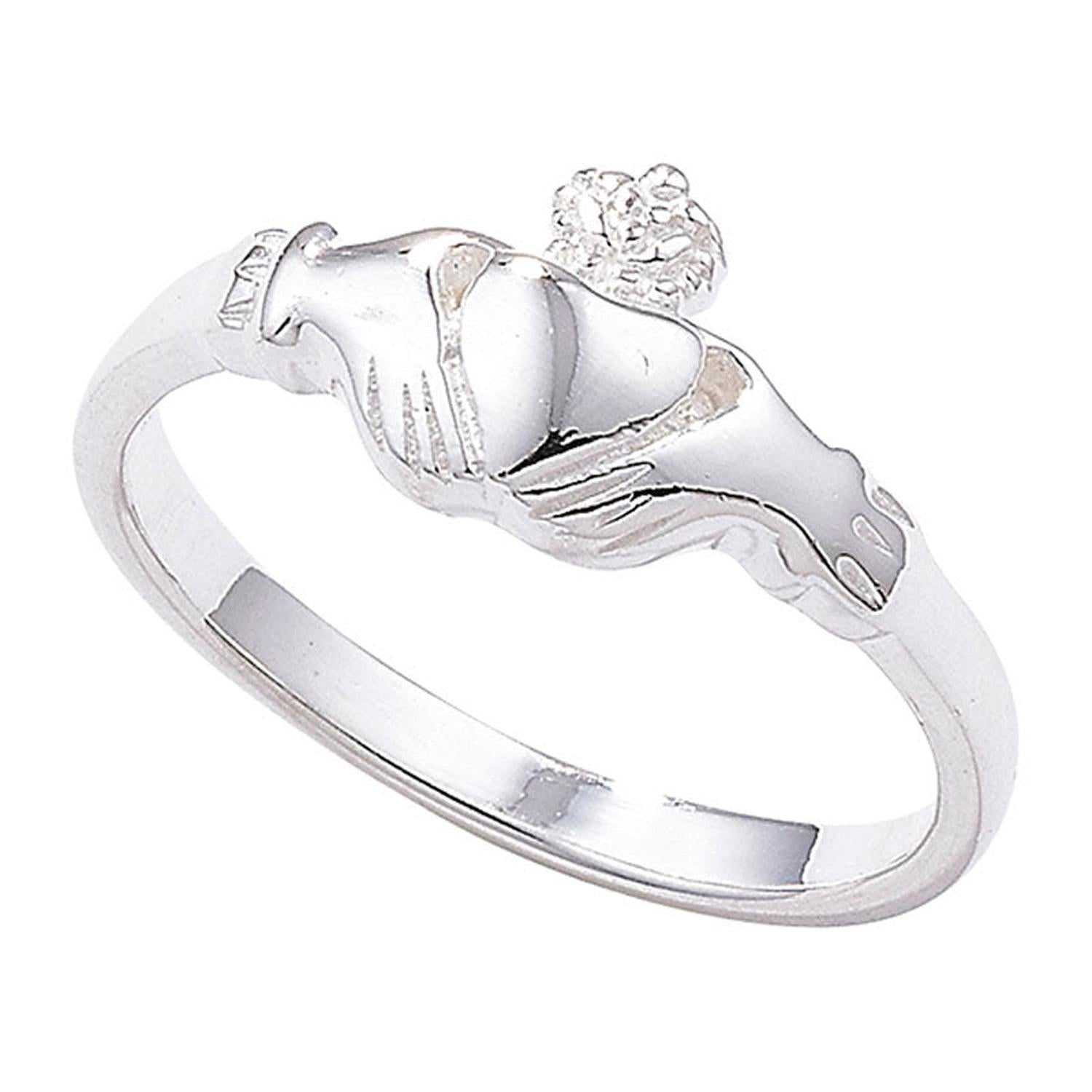 Sterling silver claddagh ring for women featuring hands, heart, and crown design by Melchior Jewellery