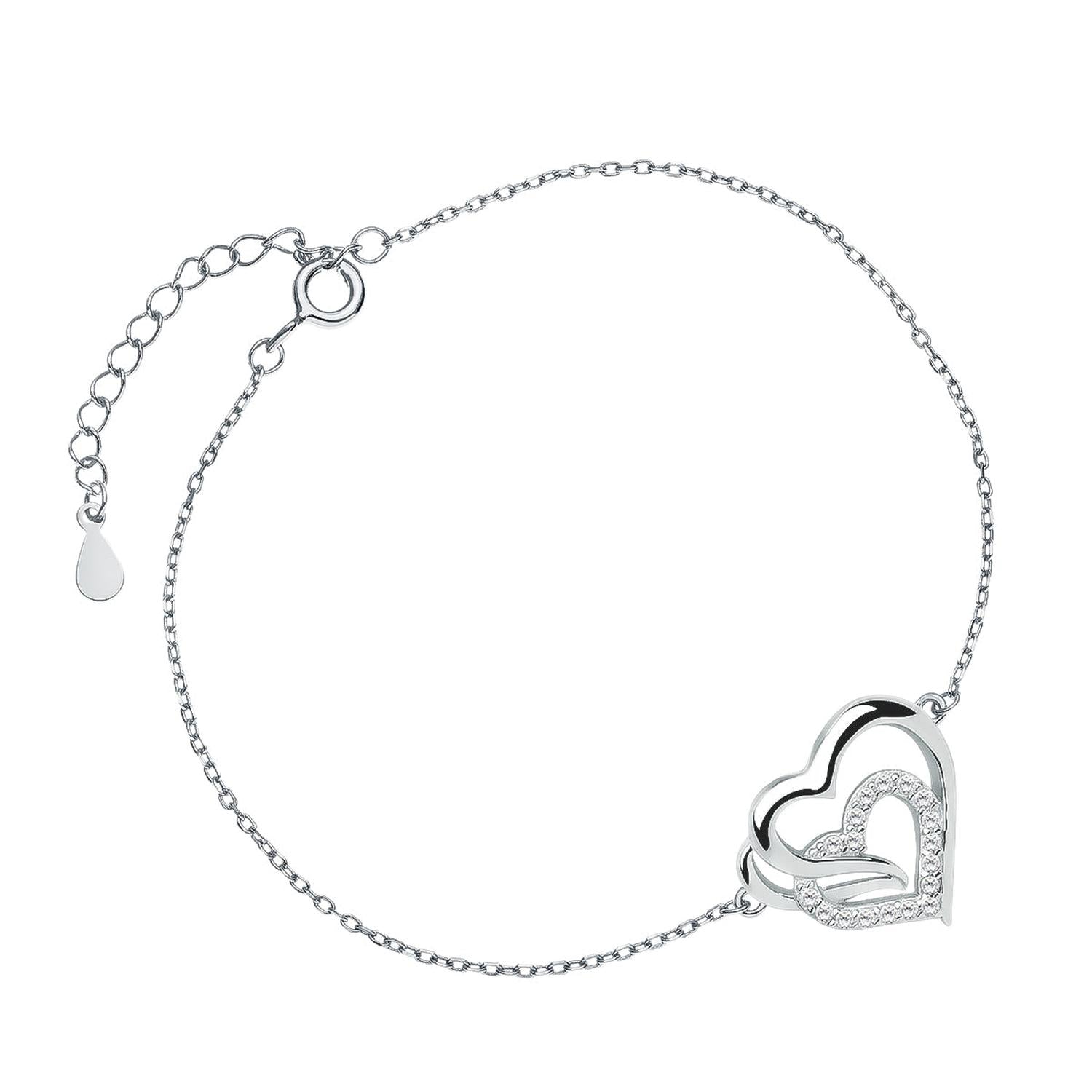 Sentiell sterling silver double heart bracelet for women with delicate chain and intertwined heart charms