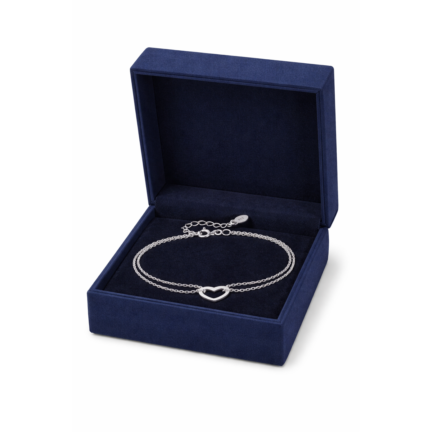 Melchior Jewellery sterling silver open heart bracelet displayed in a navy blue jewellery box