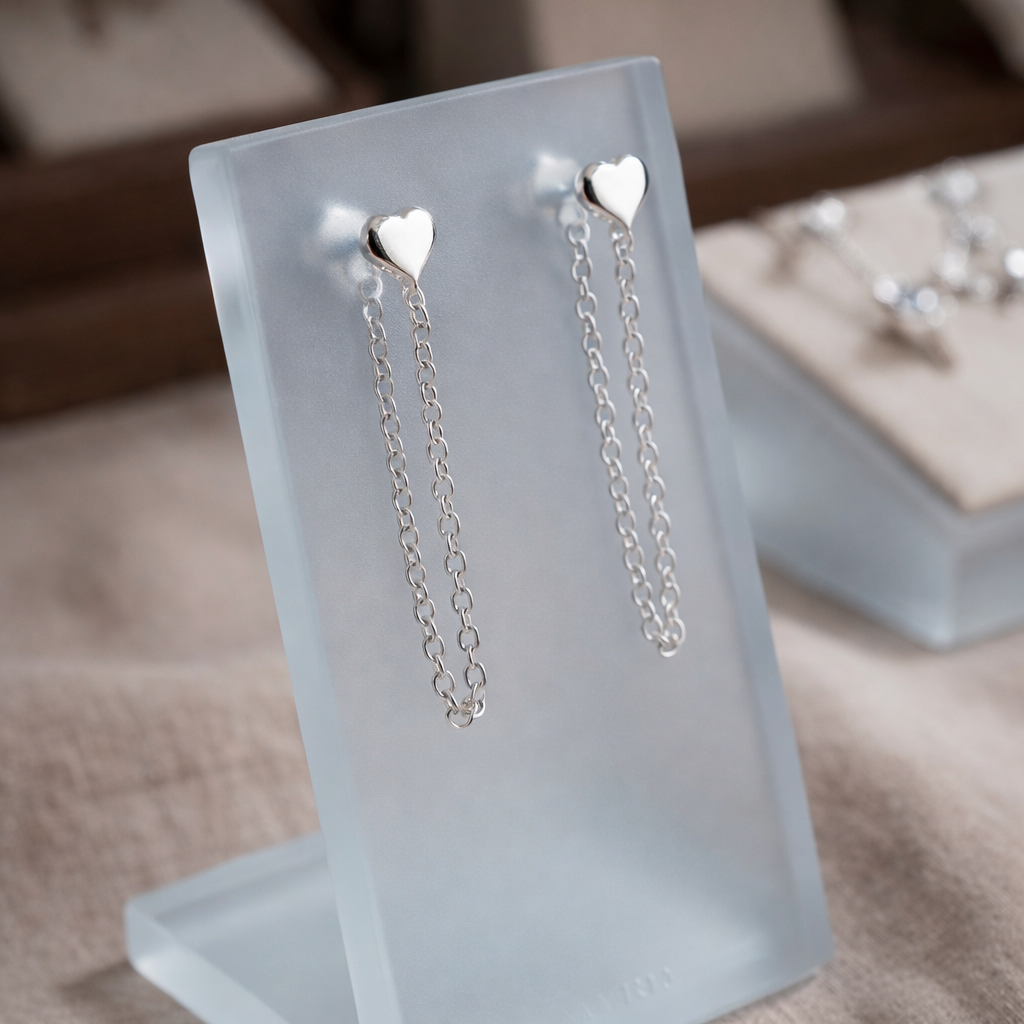 Silver Heart Stud Chain Earrings by Melchior Jewellery made of shiny silver for women