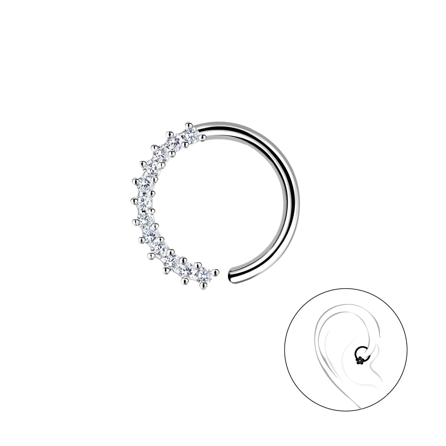 Sterling silver cartilage hoop with clear crystal embellishments for stylish ear piercing