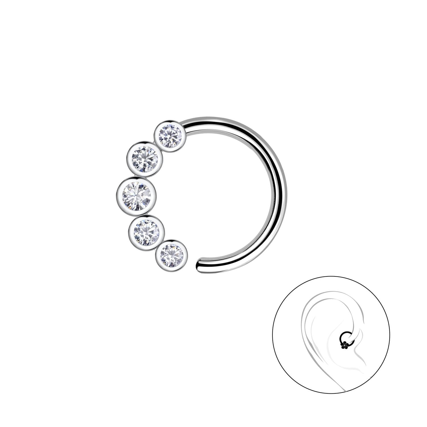 Sterling silver cartilage hoop with five clear crystal stones for elegant ear piercing