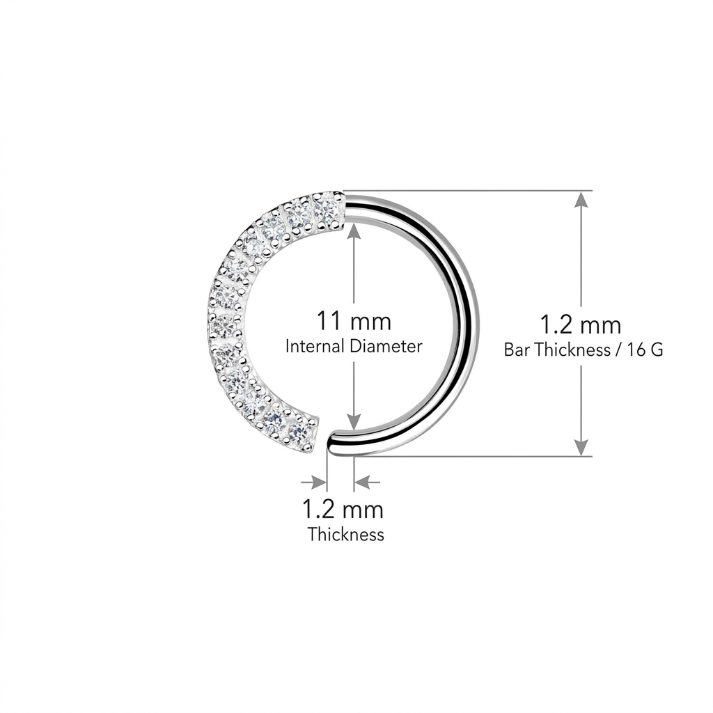 Sterling silver cartilage piercing hoop with CZ stones 11mm internal diameter 1.2mm thickness
