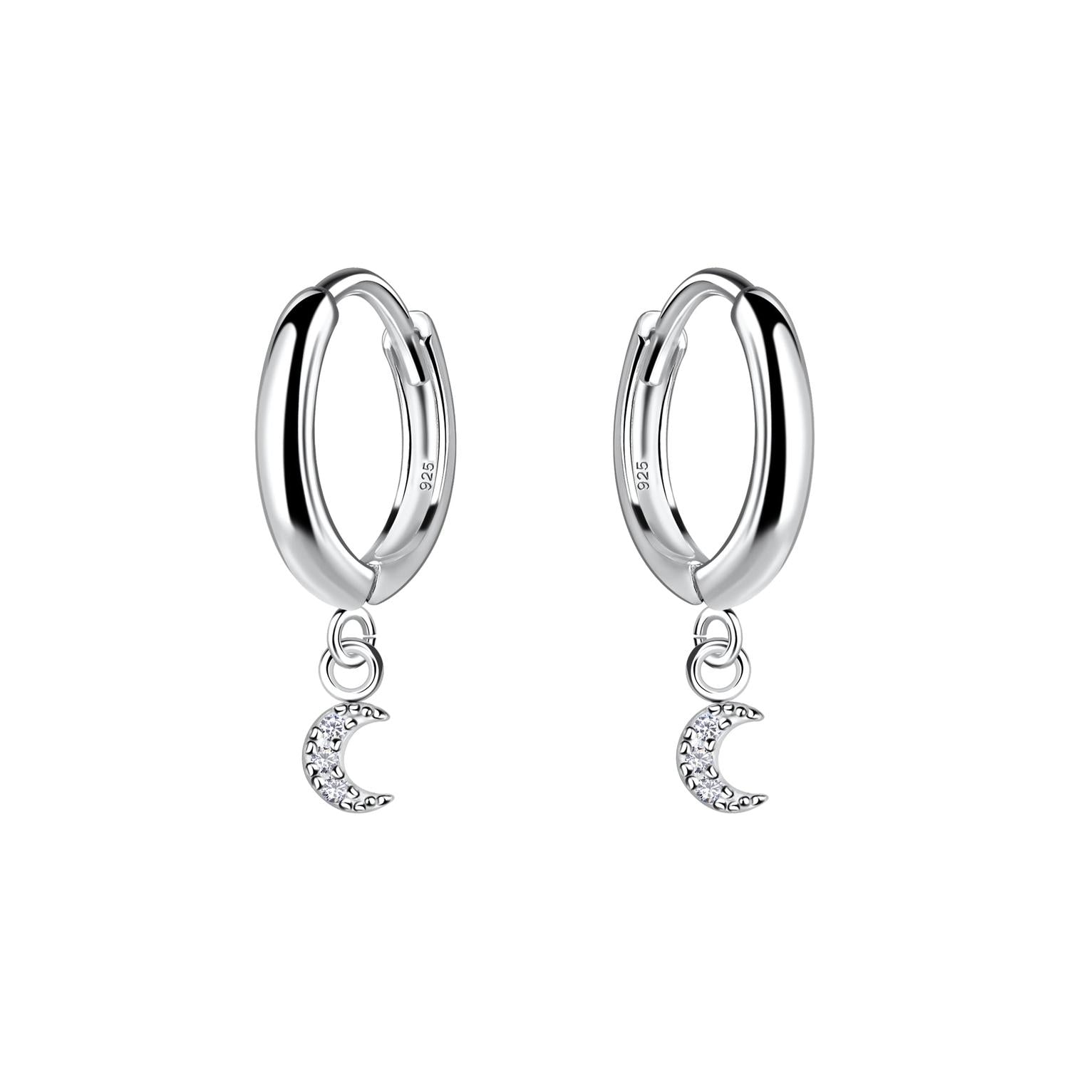 Sterling silver moon huggie earrings with crescent charm for women by Melchior Jewellery