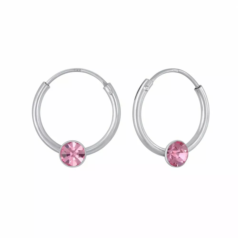 Melchior Jewellery pink crystal hoop earrings for kids with silver hoops and pink crystals