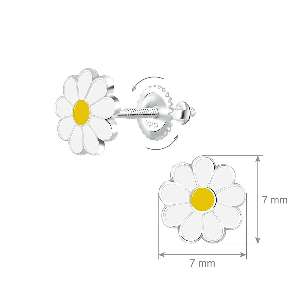 Sterling silver white and yellow kids screw back flower earrings for children with 7mm diameter