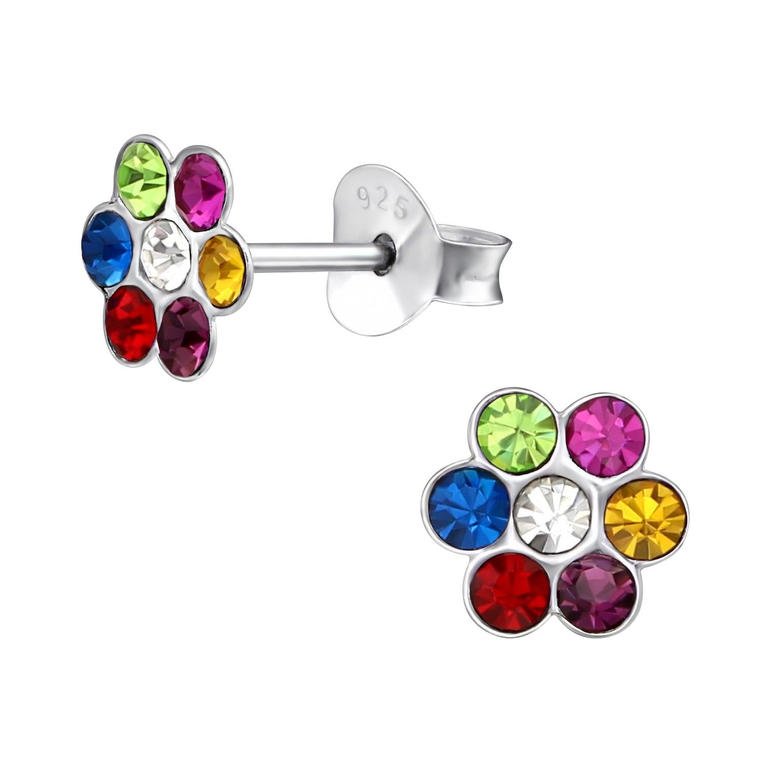 Sterling silver multicoloured stud earrings for girls with vibrant flower-shaped gemstones