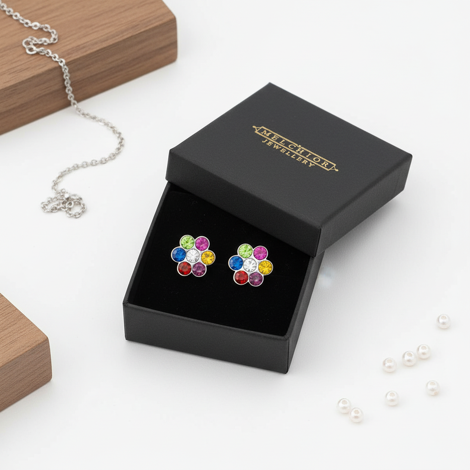 sterling silver multicoloured stud earrings for girls in flower design by Melchior Jewellery