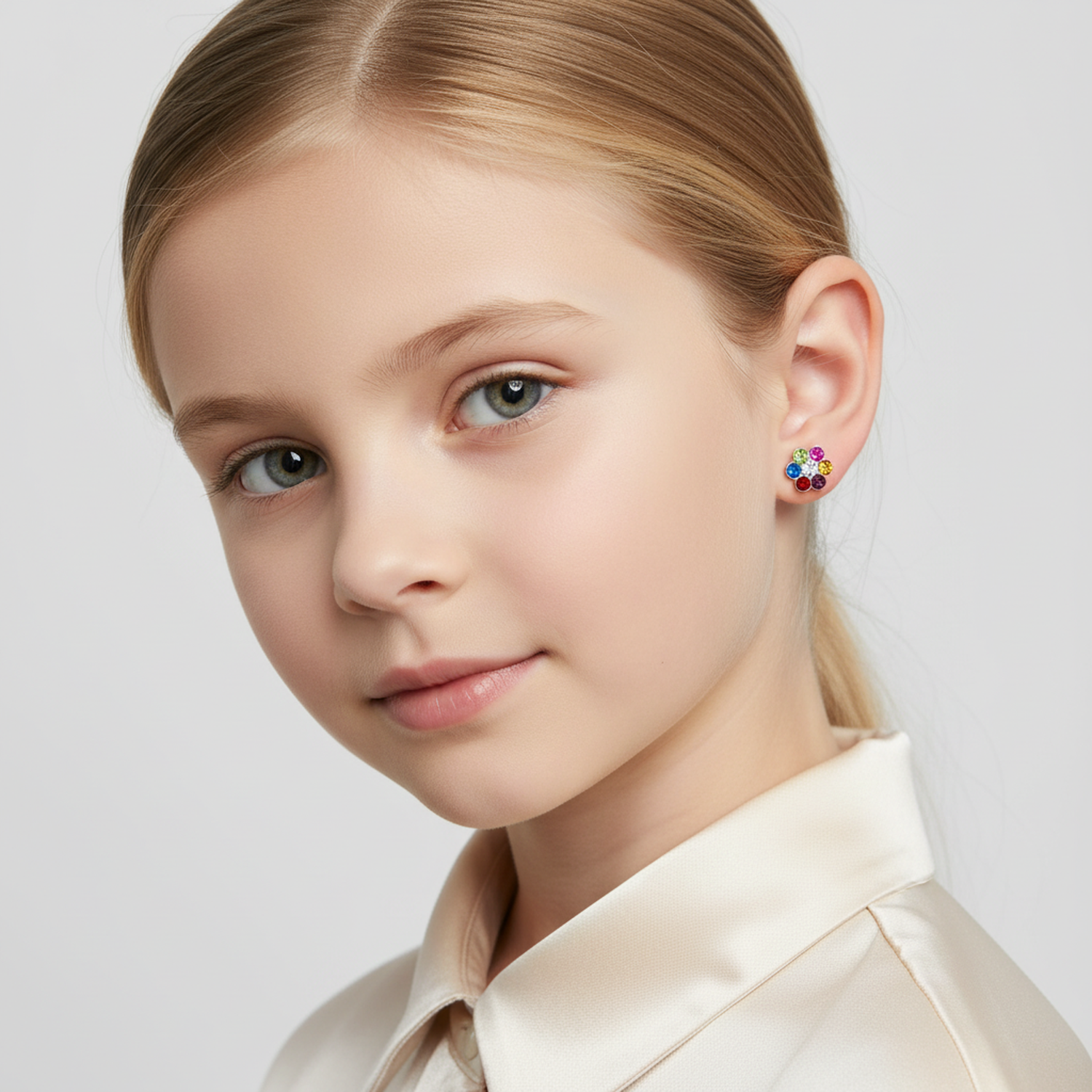 Sterling silver multicoloured stud earrings for girls worn by child model with blonde hair