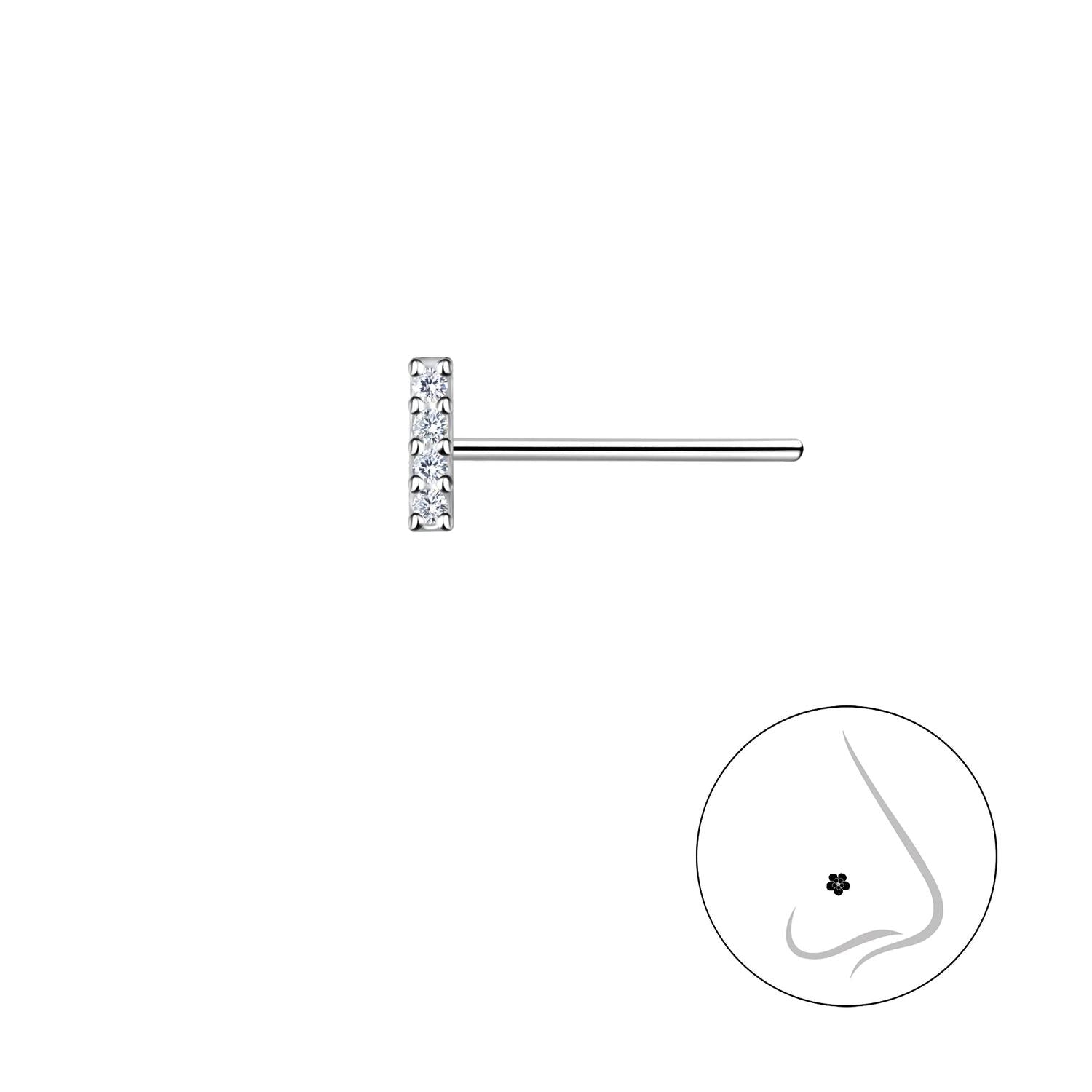 sterling silver CZ Bar Straight Nose Stud with clear cubic zirconia crystals for nose piercing