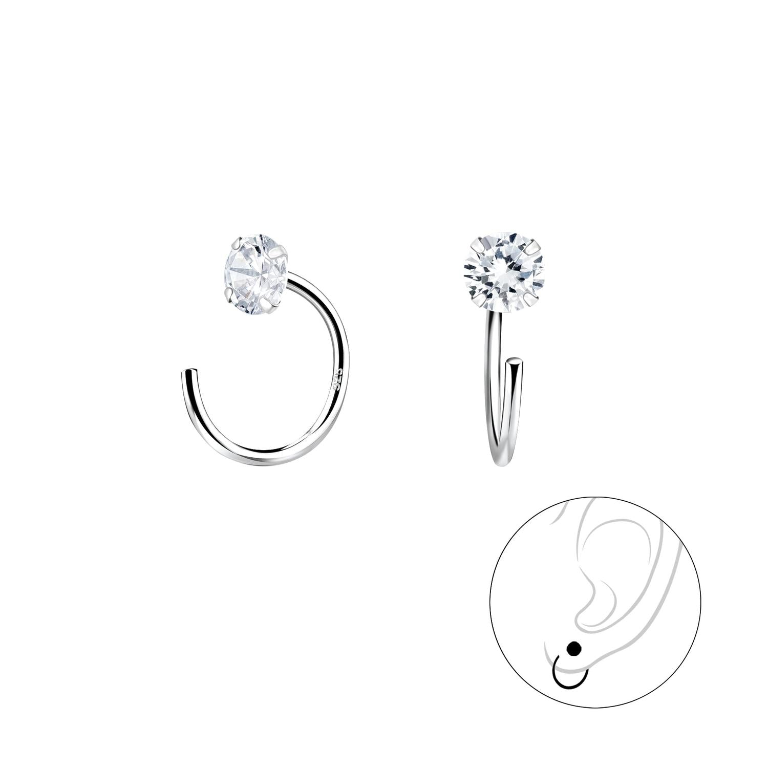 Sterling silver Pull Through CZ Ear Huggers with clear cubic zirconia stones for elegant everyday wear