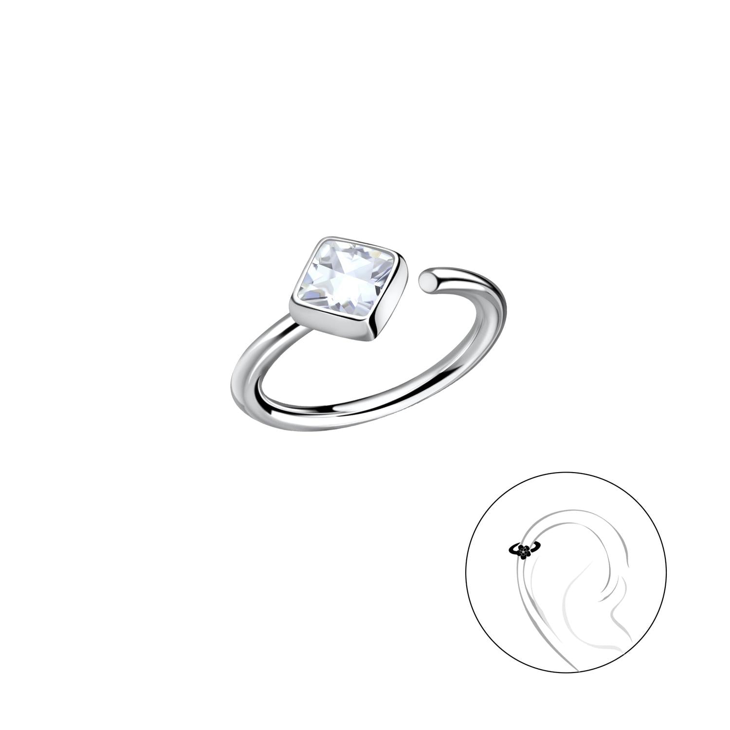 Sterling silver helix hoop earring with square clear gemstone and open hoop design for ear cartilage