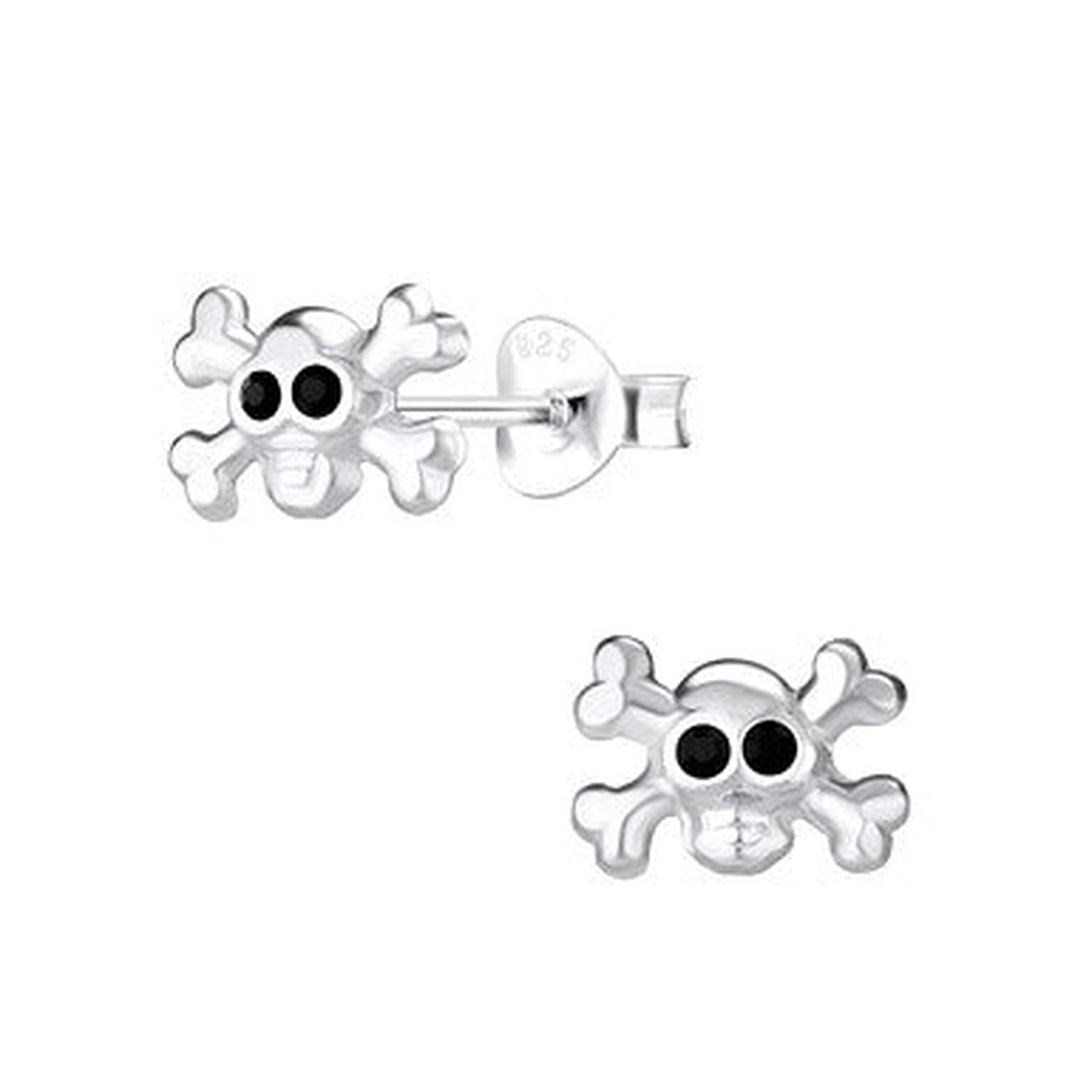 Sterling silver silver Skull Stud Earrings with black eye details for women by Melchior Jewellery