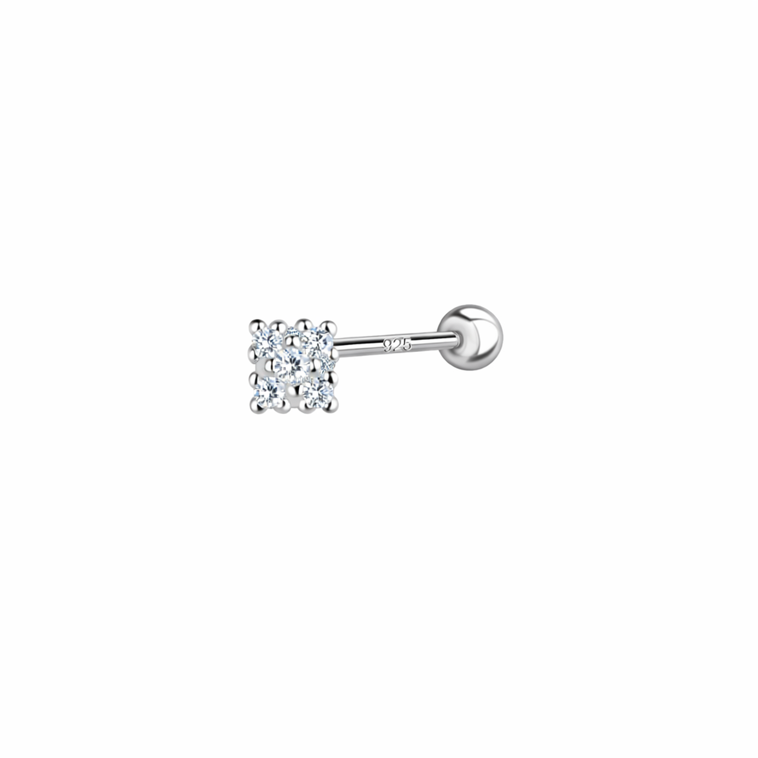 Sterling Silver Square CZ Cartilage Stud with Silver Ball Screw Back - Melchior Jewellery