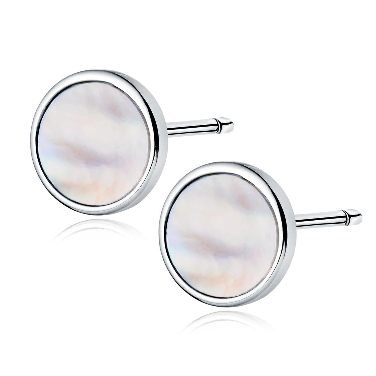 Melchior Jewellery mother of pearl stud earrings with iridescent white pearls set in polished silver studs